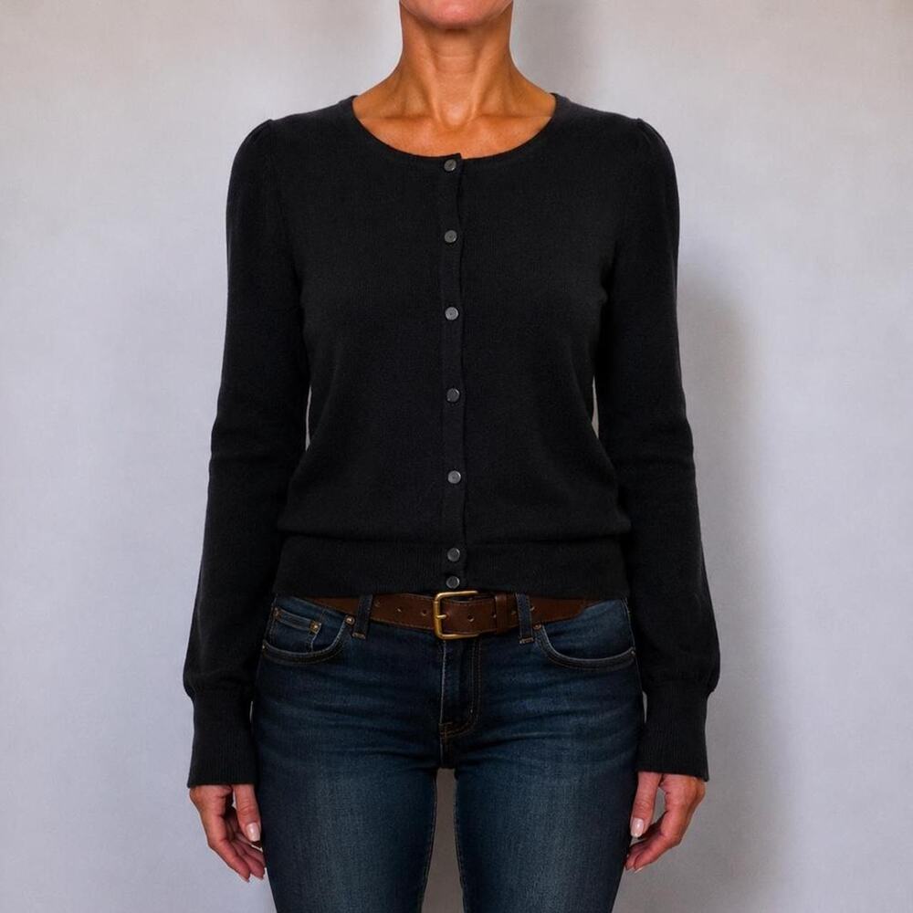 Neiman Marcus Exclusive 100% Merino Wool Leather Button Black Luxury Cardigan L